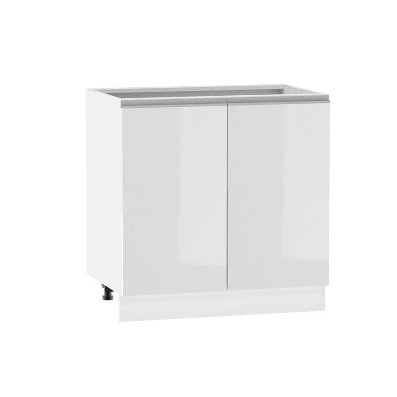 Dvoudveřová kuchyňská skříňka ADAMA - šířka 80 cm, lesklá bílá / bílá, stříbrná úchytka, nožky 15 cm
