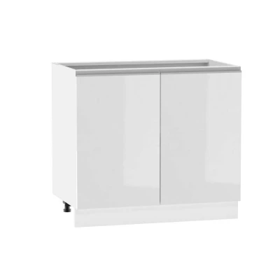 Dvoudveřová skříňka s policí ADAMA - šířka 90 cm, lesklá bílá / bílá, stříbrná úchytka, nožky 10 cm