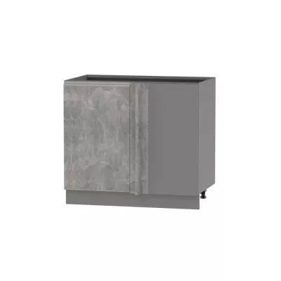Prodloužená rohová skříňka ADAMA - šířka 110 cm, beton světlý atelier / šedá, stříbrná úchytka, nožky 10 cm, pravá