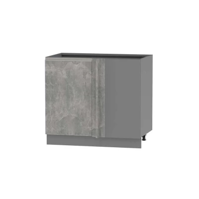 Prodloužená rohová skříňka ADAMA - šířka 110 cm, beton světlý atelier / šedá, stříbrná úchytka, nožky 15 cm, pravá