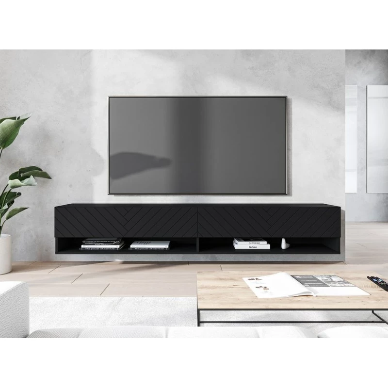 TV stolek CALIBURI 180 - černý grafitový / vzor rybí kost