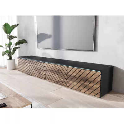 TV stolek CERIEE 180 - černý grafitový / vzor rybí kost, dub wotan
