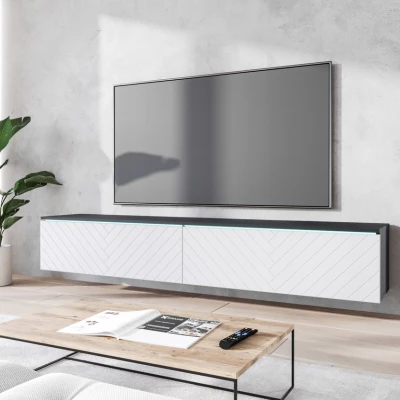 TV stolek CERIEE 180 - matera / vzor rybí kost, bílý