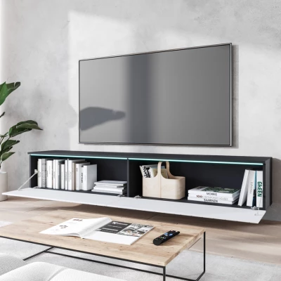 TV stolek CERIEE 180 - matera / vzor rybí kost, bílý