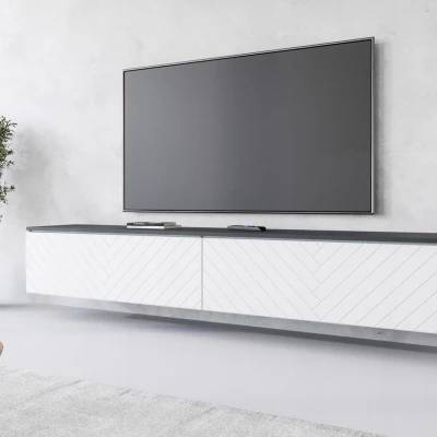 TV stolek CERIEE 180 - matera / vzor rybí kost, bílý