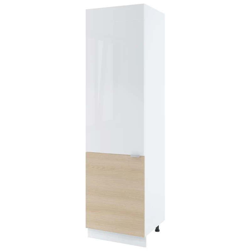 Vysoká skříň na vestavnou lednici IRENA - šířka 60 cm, dub lindberg / lesklá bílá, nožky 10 cm