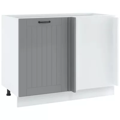 Prodloužená rohová skříňka LESJA - šířka 105 cm, šedá / bílá, nožky 10 cm, pravá