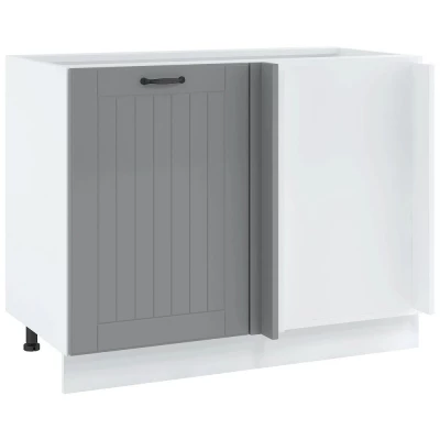 Prodloužená rohová skříňka LESJA - šířka 105 cm, šedá / bílá, nožky 15 cm, pravá
