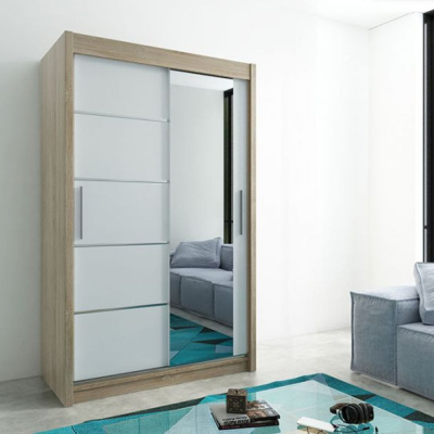 VÝPRODEJ - Šatní zrcadlová skříň ADELA - 150 cm, dub sonoma / bílá