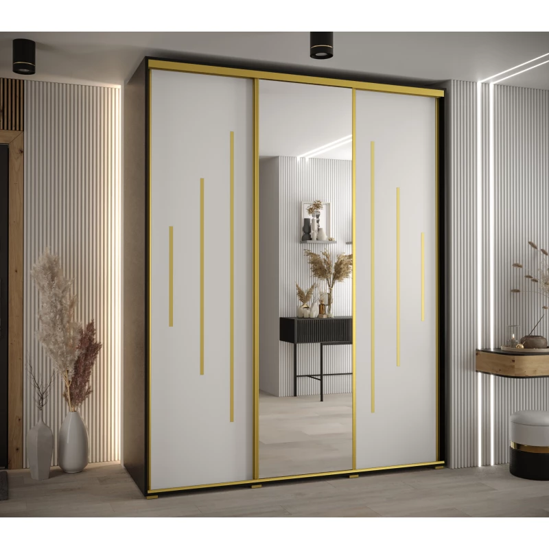 Šatní skříň ASIRI 13 - 200/60 cm, černá / bílá / zlatá