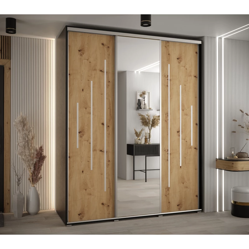 Šatní skříň ASIRI 13 - 200/60 cm, černá / dub artisan / stříbrná