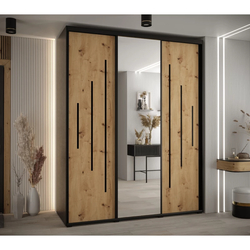 Šatní skříň ASIRI 13 - 200/60 cm, černá / dub artisan / černá