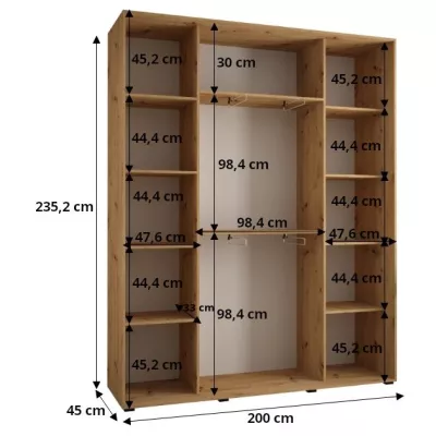 Šatní skříň ASIRI 7 - 200/45 cm, bílá / černá / stříbrná