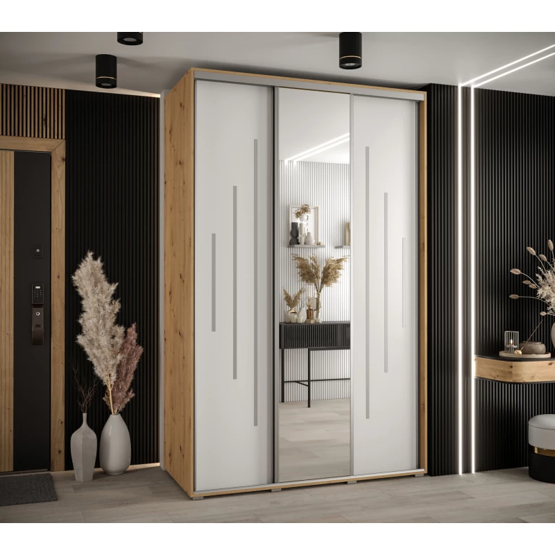 Šatní skříň ASIRI 13 - 160/60 cm, dub artisan / bílá / stříbrná