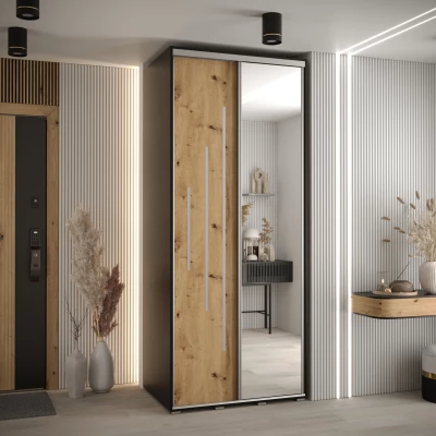 Šatní skříň ASIRI 13 - 120/60 cm, černá / dub artisan / stříbrná