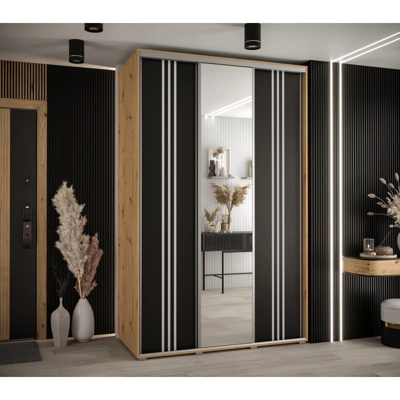 Šatní skříň ASIRI 7 - 150/45 cm, dub artisan / černá / stříbrná