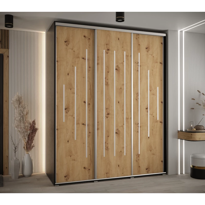 Šatní skříň ASIRI 12 - 190/60 cm, černá / dub artisan / stříbrná
