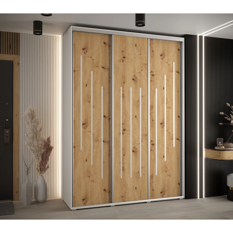 Šatní skříň ASIRI 8 - 180/45 cm, bílá / dub artisan / stříbrná