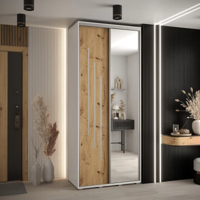 Šatní skříň ASIRI 9 - 100/45 cm, bílá / dub artisan / stříbrná