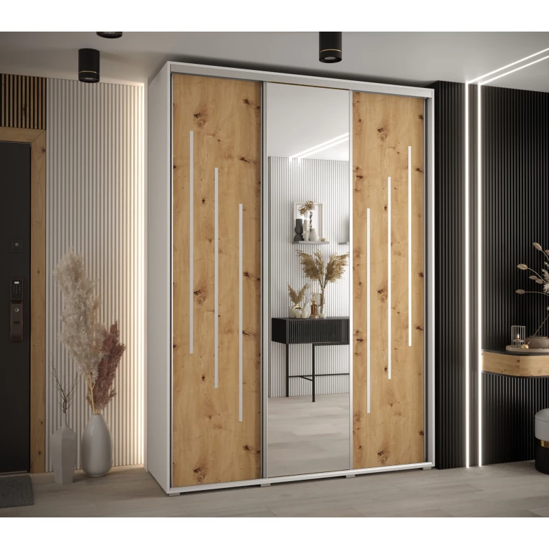 Šatní skříň ASIRI 9 - 170/60 cm, bílá / dub artisan / stříbrná