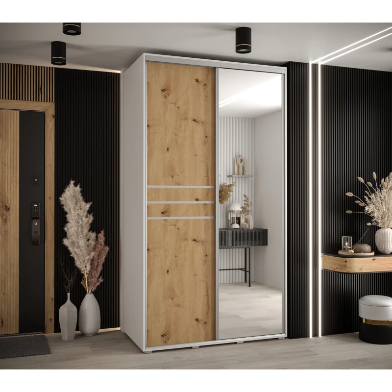 Šatní skříň ASIRI 11 - 130/60 cm, bílá / dub artisan / stříbrná