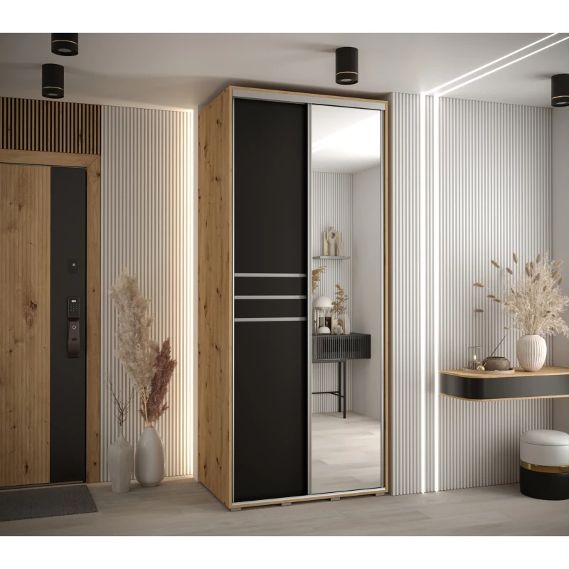 Šatní skříň ASIRI 11 - 120/60 cm, dub artisan / černá / stříbrná