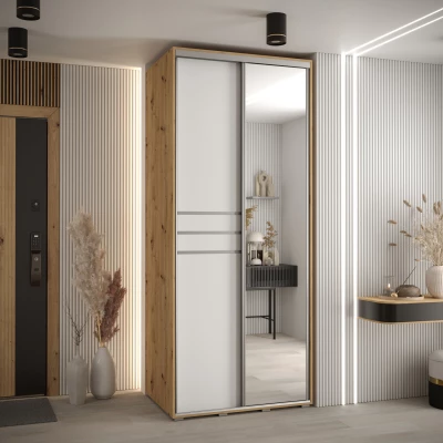 Šatní skříň ASIRI 11 - 100/60 cm, dub artisan / bílá / stříbrná