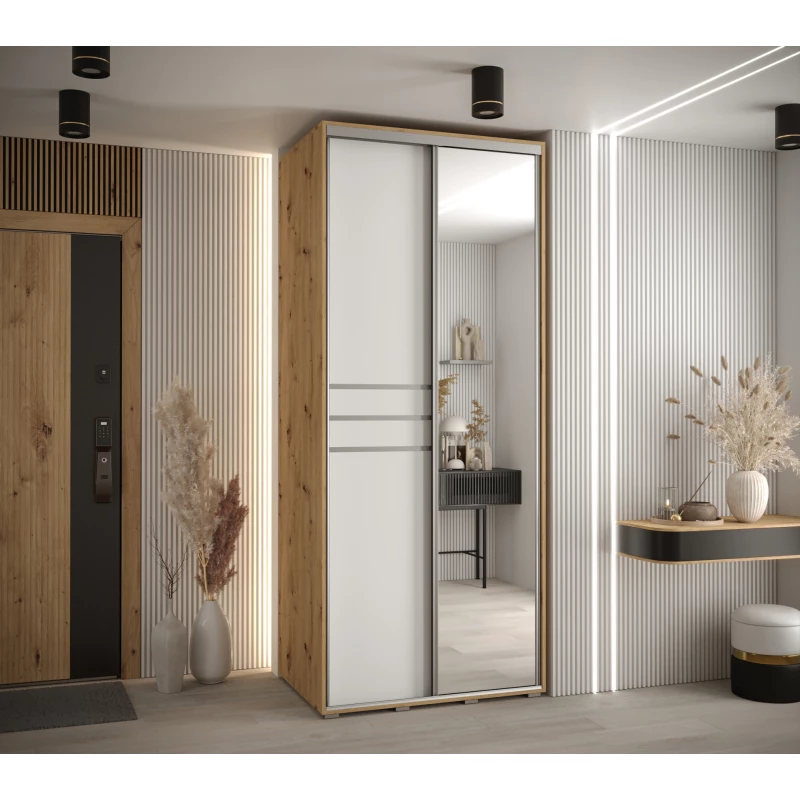 Šatní skříň ASIRI 11 - 100/60 cm, dub artisan / bílá / stříbrná