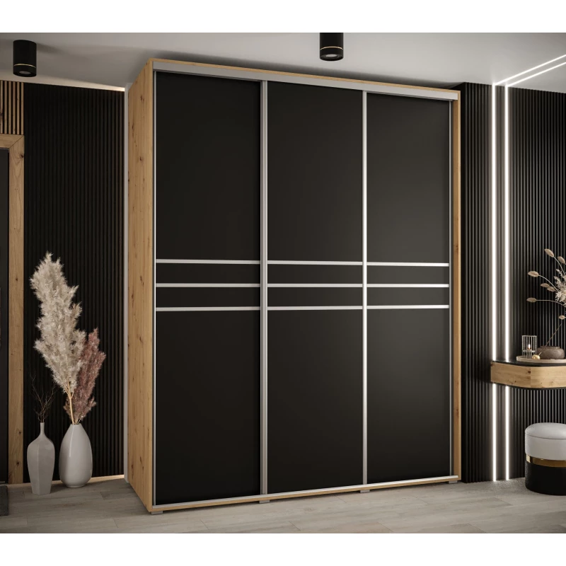 Šatní skříň ASIRI 10 - 200/60 cm, dub artisan / černá / stříbrná