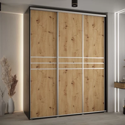 Šatní skříň ASIRI 10 - 200/60 cm, černá / dub artisan / stříbrná