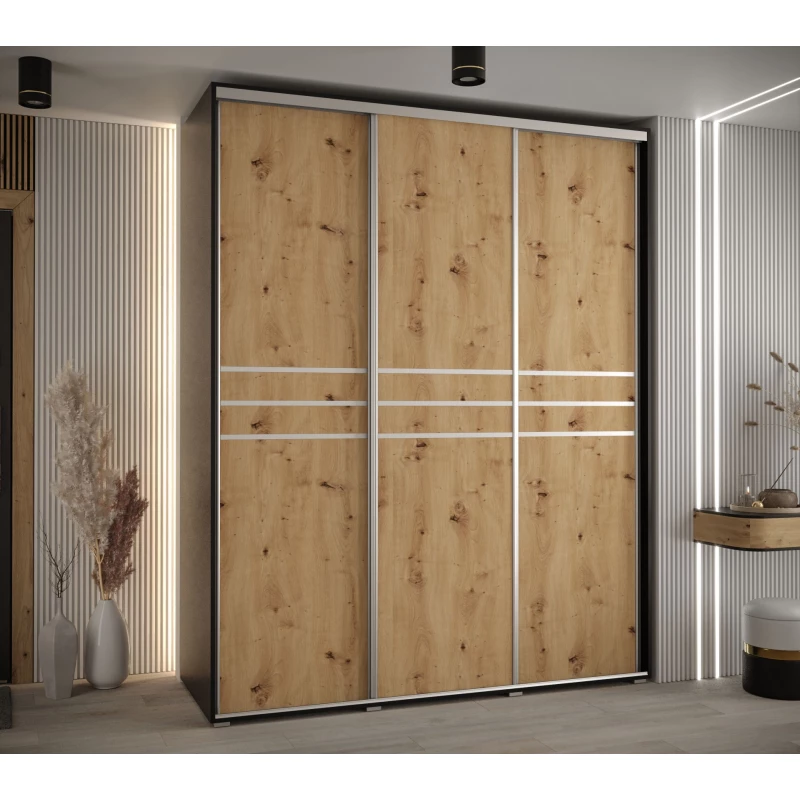 Šatní skříň ASIRI 10 - 200/60 cm, černá / dub artisan / stříbrná