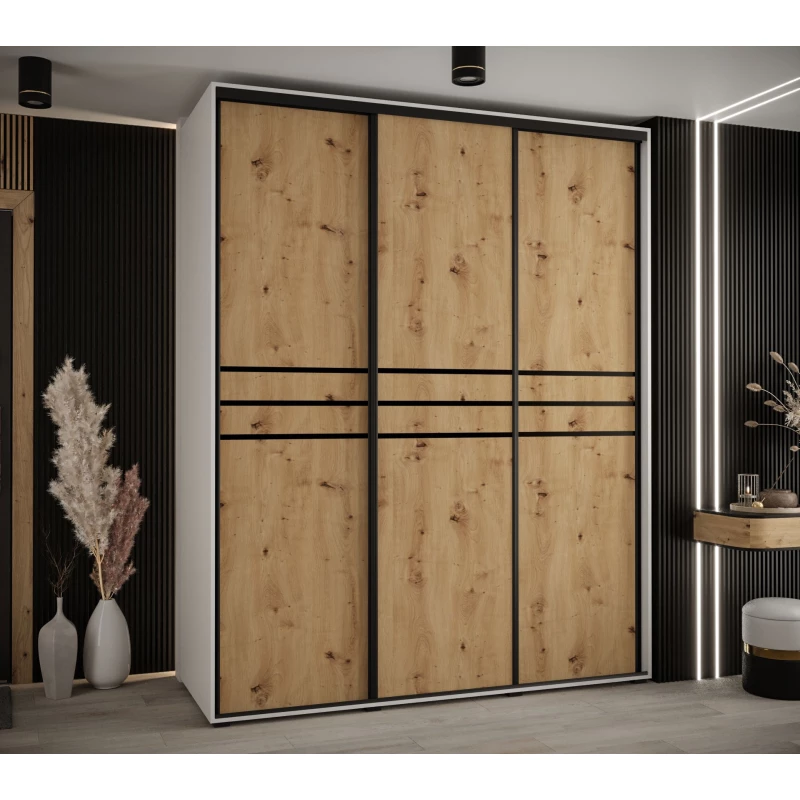 Šatní skříň ASIRI 10 - 190/60 cm, bílá / dub artisan / černá