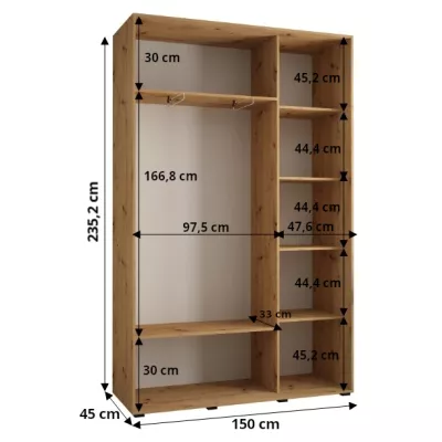 Šatní skříň ASIRI 13 - 150/45 cm, bílá / černá / stříbrná