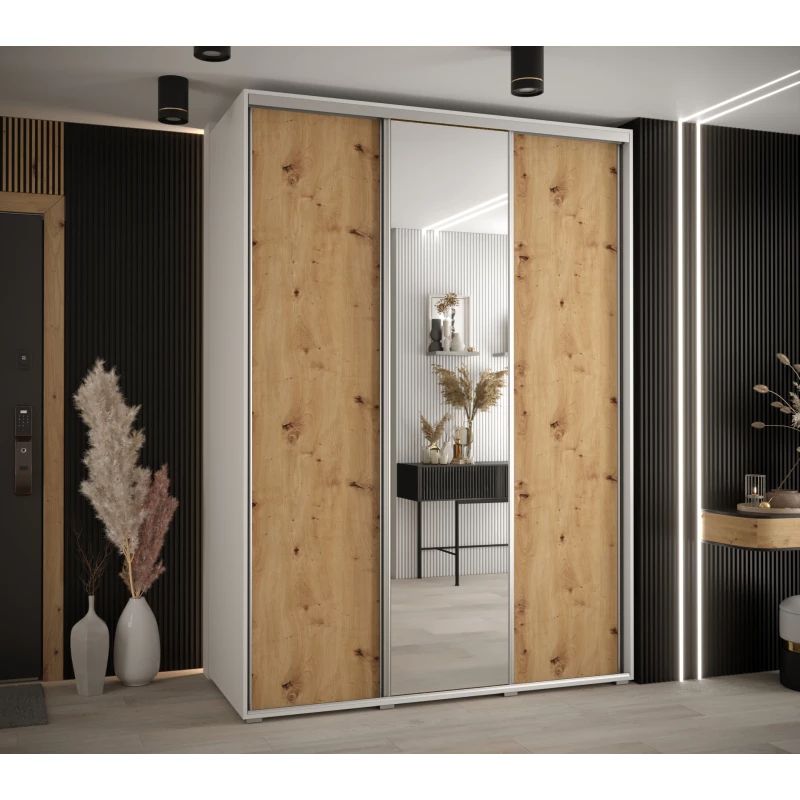 Šatní skříň ASIRI 3 - 170/60 cm, bílá / dub artisan / stříbrná