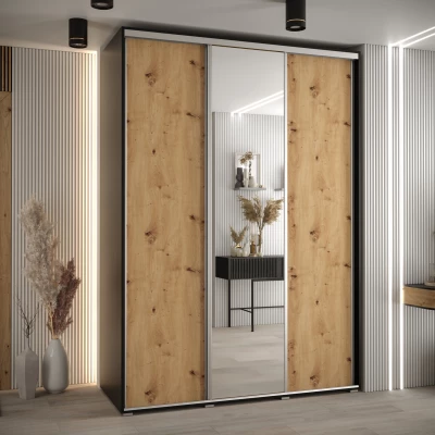 Šatní skříň ASIRI 3 - 180/60 cm, černá / dub artisan / stříbrná