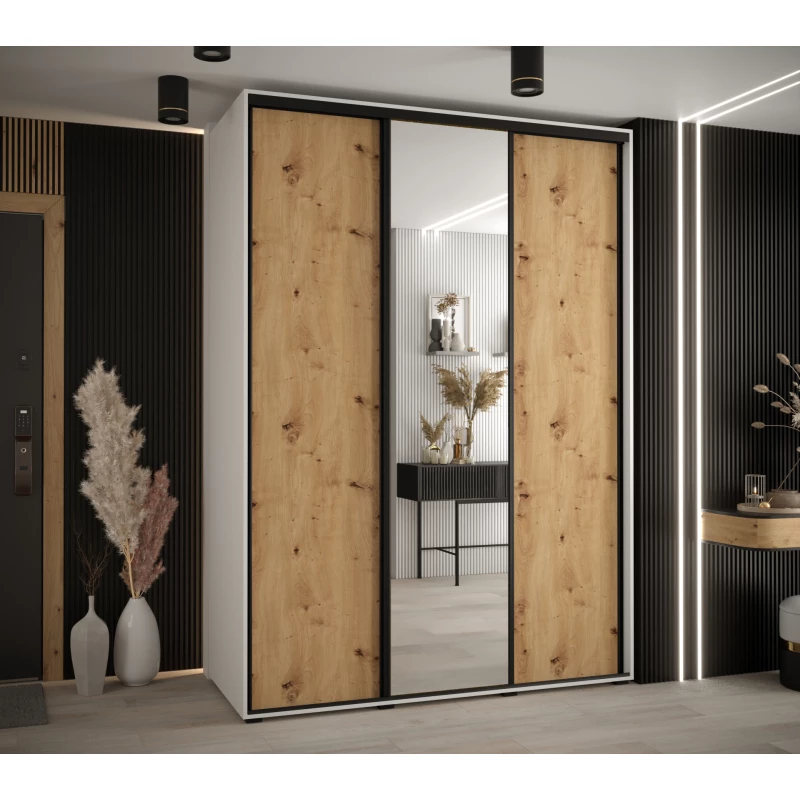 Šatní skříň ASIRI 3 - 180/60 cm, bílá / dub artisan / černá