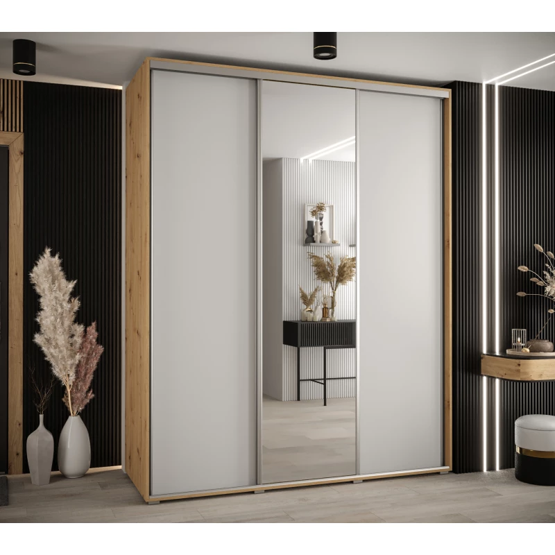 Šatní skříň ASIRI 3 - 190/60 cm, dub artisan / bílá / stříbrná