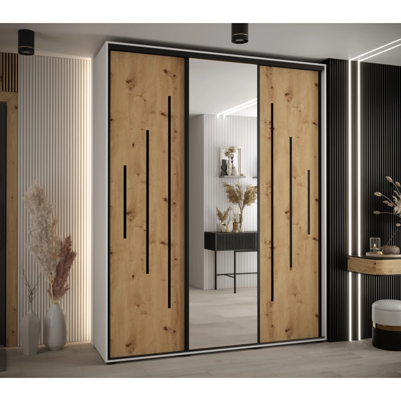 Šatní skříň ASIRI 13 - 190/45 cm, bílá / dub artisan / černá