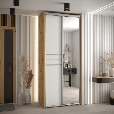 Šatní skříň ASIRI 11 - 110/45 cm, dub artisan / bílá / stříbrná