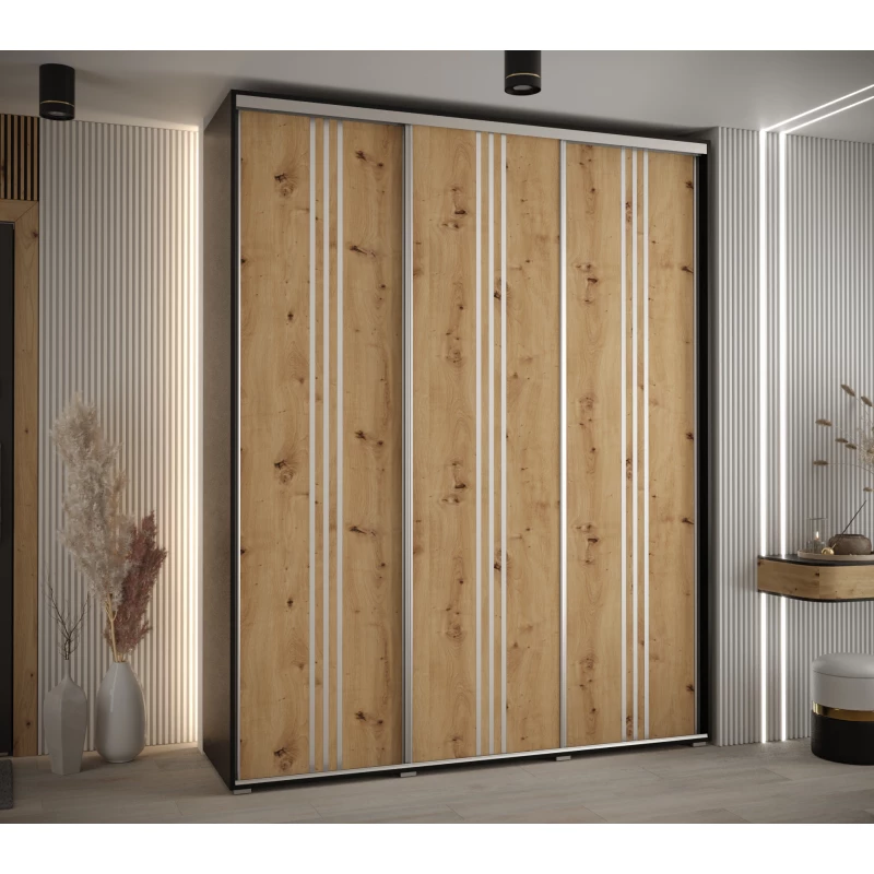 Šatní skříň ASIRI 6 - 200/60 cm, černá / dub artisan / stříbrná