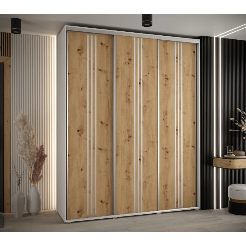 Šatní skříň ASIRI 6 - 200/60 cm, bílá / dub artisan / stříbrná