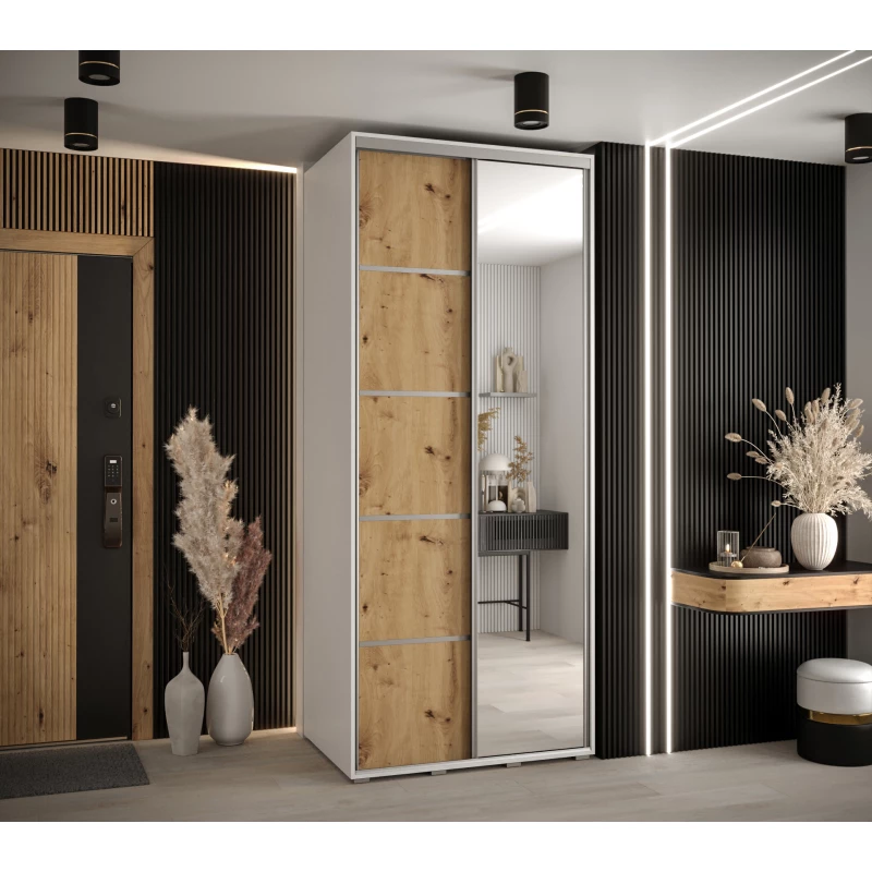 Šatní skříň ASIRI 5 - 100/60 cm, bílá / dub artisan / stříbrná