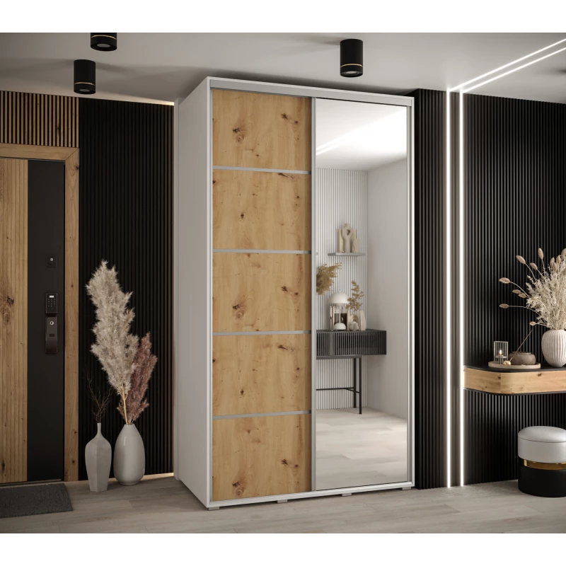 Šatní skříň ASIRI 5 - 140/60 cm, bílá / dub artisan / stříbrná