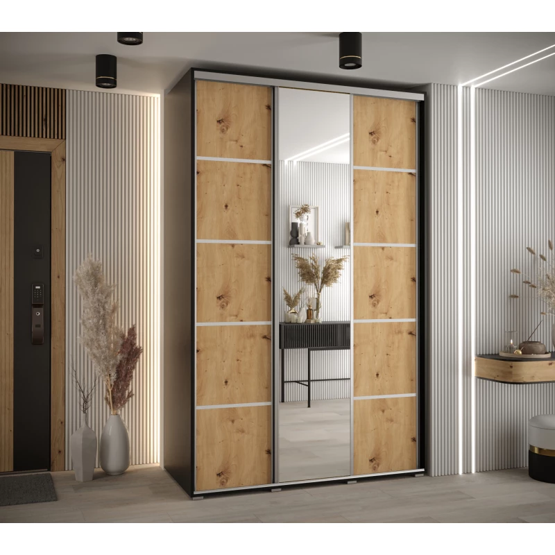 Šatní skříň ASIRI 5 - 150/60 cm, černá / dub artisan / stříbrná