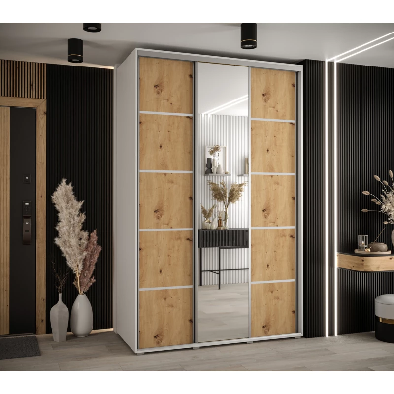 Šatní skříň ASIRI 5 - 150/60 cm, bílá / dub artisan / stříbrná