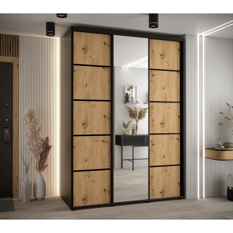 Šatní skříň ASIRI 5 - 180/45 cm, černá / dub artisan / černá