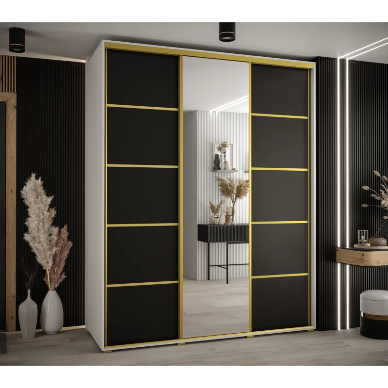 Šatní skříň ASIRI 5 - 190/60 cm, bílá / černá / zlatá