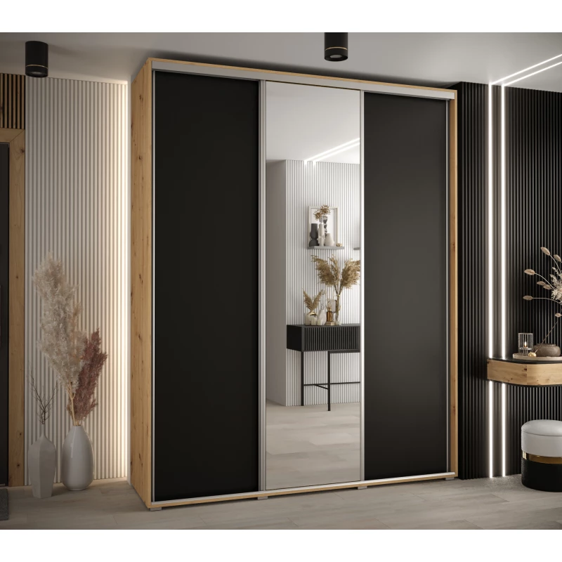 Šatní skříň ASIRI 3 - 190/45 cm, dub artisan / černá / stříbrná