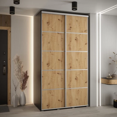 Šatní skříň ASIRI 4 - 130/60 cm, černá / dub artisan / stříbrná
