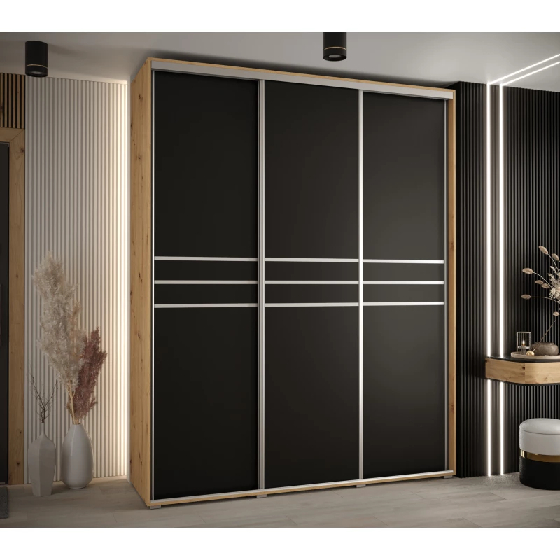 Šatní skříň ASIRI 10 - 190/45 cm, dub artisan / černá / stříbrná